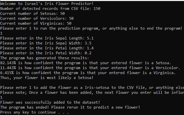 Iris predictor running in a terminal